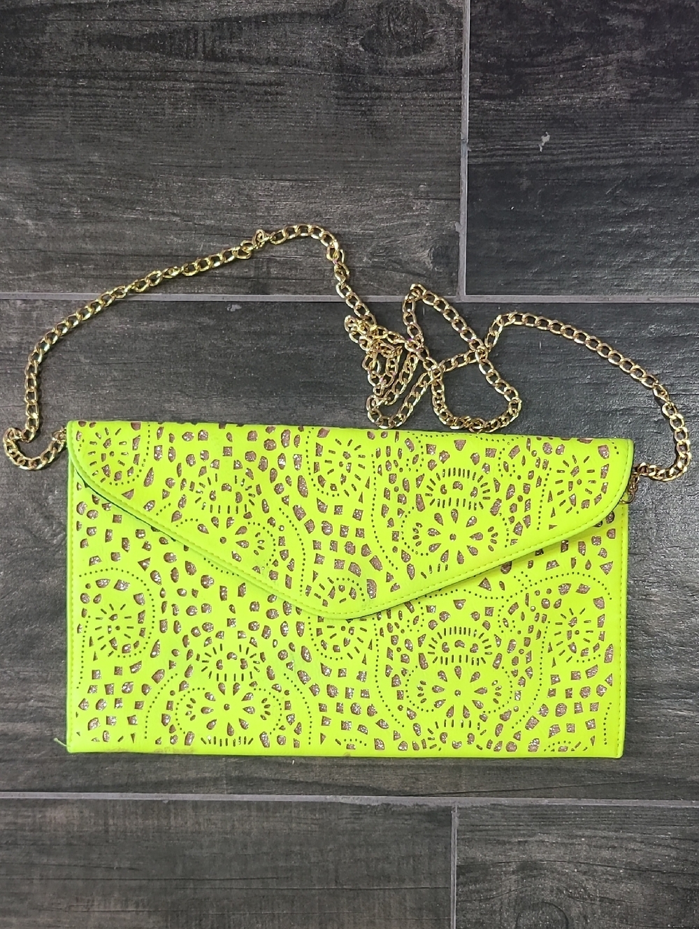 Olivia Miller Neon Yellow Laser-Cut Envelope Clutch with Gold Chain